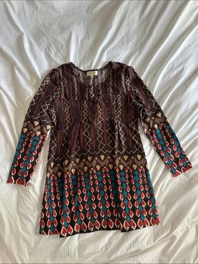 Cathaya - Boho Geometric Knit Tunic Dress - Red, Teal, Brown - Size Medium